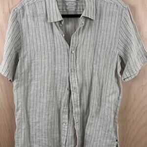 Fabindia Linen Blend Bush Shirt Mens M Gray Stripe Short Sleeve Straight Fit